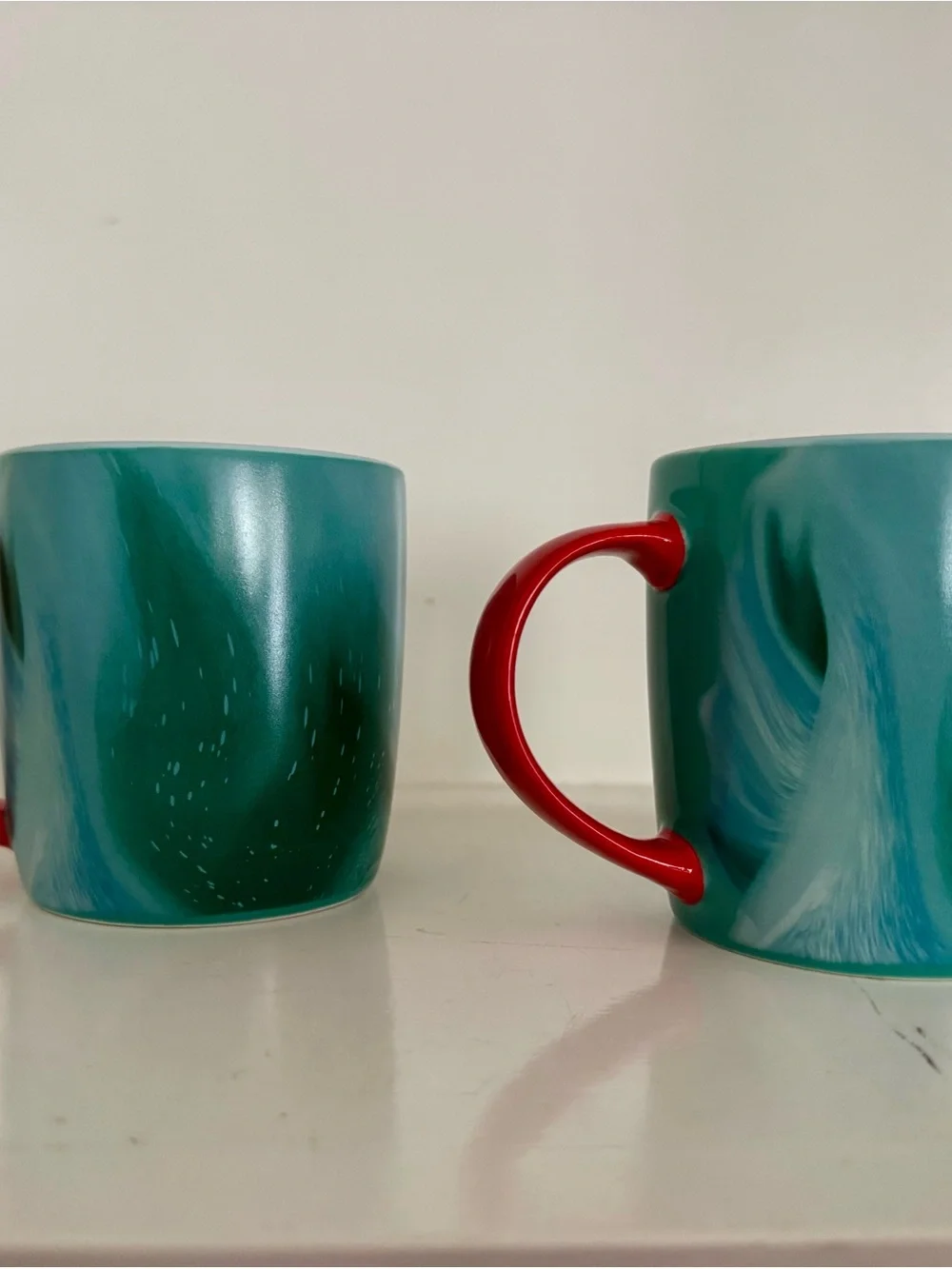 Starbucks 2024 Holiday Teal Green Marble Mugs with Red Handle - Set of 2 (11oz)
